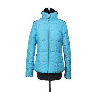 Eddie Bauer women's blue goose down full zip puffer jacket removable hood‎ XS